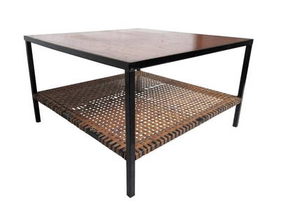 Vintage Rosewood and Rattan Two Tiered Coffee Table: Industrial square coffee table featuring a wooden top tier and wicker bottom tier with a black iron metal fram // PICKUP LOCATION: BROOKLYN NY // DIMENSIONS: Height: 19 in (48.26 cm)Width: 32 in