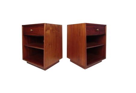 Vintage Drexel Declaration Nightstands by Kipp Stewart: Stunning minimalist walnut nightstands from Drexel's iconic Declaration series by Kipp Stewart. A simple pull-out drawer sits atop a spacious cabinet with an adjustable shelf. Broad side panels show