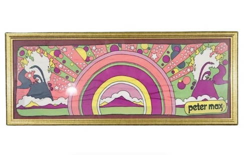 Vintage Framed Psychedelic Pop Art Silk Scarf by Peter Max: Colorful silk scarf designed renowned artist Peter Max (b. 1937). One of the most famous and recognizable pop designers of the 1960s, his iconic psychedelic artwork was the inspiration for The Beatles