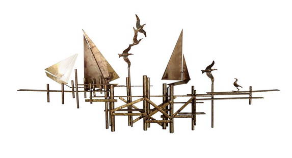 Mid-Century Metal Wall Sculpture by C Jere: Beautiful Curtis Jere abstract wall hanging, depicting a sail scenery. Made from torch cut metal, assembled in a three dimensional pattern. // PICK UP LOCATION: Brooklyn NY // Dimensions: Height: 22 i