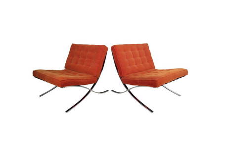 Mid-Century Vintage Corduroy Barcelona Chairs: This beautiful pair of vintage lounge chairs feature a heavy chrome frame with leather straps and thick padded orange cushions. The stylish tufted upholstery and "X" frame make this the perfect additi