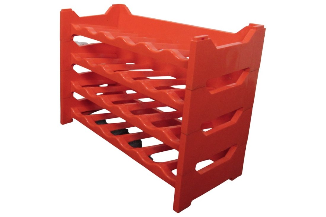 Italian Stacking Wine Racks '4': Set of four stacking bottle holders made in Italy. Fun mid-century orange color molds fitting 24 bottles. // PICKUP LOCATION BROOKLYN NY // DIMENSIONS: Height: 19 in (48.26 cm)Width: 23 in (58.42 cm)D