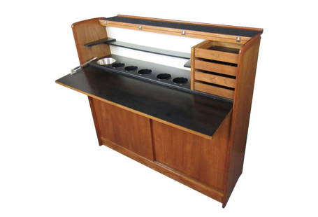 H.P. Hansen Designed Folding Danish Teak Dry Bar: This stunning Danish dry bar is sure to be the life of the party! The gorgeous teak wood grain guarantees that this piece will impress from all angles, while the drop-down laminate bar top keeps your