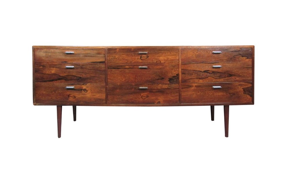 Jack Cartwright Designed Rosewood Dresser for Founders: Exceptional mid-century rosewood dresser from American designer master Jack Cartwright for Founders Furniture. Nine ample drawers offer nearly limitless storage options, whether in the home or office.