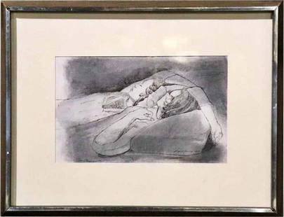 Signed Ink Drawing by August Mosca: Mid-century artwork by Italian artist August Mosca. "Two Sleeping Girls" in silver point and ink with wood frame. // PICKUP LOCATION BROOKLYN NY // DIMENSIONS: Height: 14.25 in (36.2 cm)Width: 8.5 in