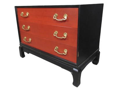 Vintage Ebonized Chinoiserie Chest: Fantastic mid-century Chinoiserie/Tansu chest combining eastern aesthetic influences with western construction & craftsmanship. Taking plentiful nods from Michael Taylor's Far East collection for Bake