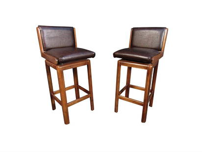 Mid-Century Brutalist Oak & Burl Barstools by Lane Furniture: Rare pair of chunky oak barstools from the world renowned craftsmen of Altavista, Virginia's Lane Furniture. Robust construction is sure to last for many years, while a stunning burl back rest is sure