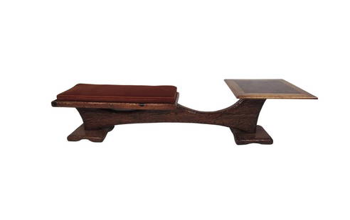 Mid-Century Witco Tiki Style Hewn Telephone Bench: This amazing vintage modern piece combines seating and a table all in one. A one of a kind two-tone Witco style piece that is made with carved wood. A thick cushion rests on a sturdy pedestal style ba