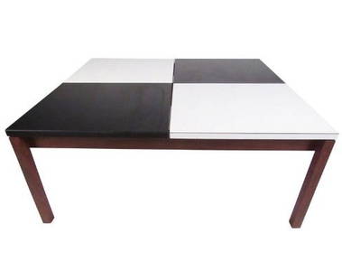 Vintage Modern Black and White Coffee Table by Lewis Butler for Knoll Associates: This stylish 1960s cocktail table was designed by Lewis Butler for Knoll Associates Inc. and showcased iconic black and white checkerboard design with hardwood base. Unique Mid-Century Modern style