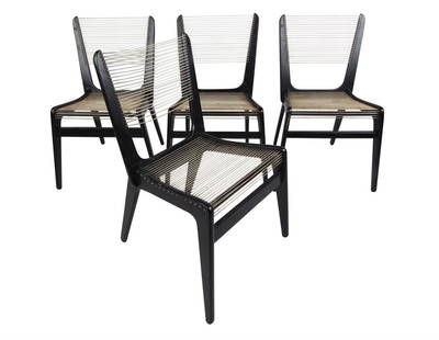 Jacques Guillon Cord Chairs: This rare set of Mid-Century Modern dining chairs by Jacques Guillon features black lacquered wooden frames with rope cord seat and back. Stylish vintage design makes these unique string chairs an