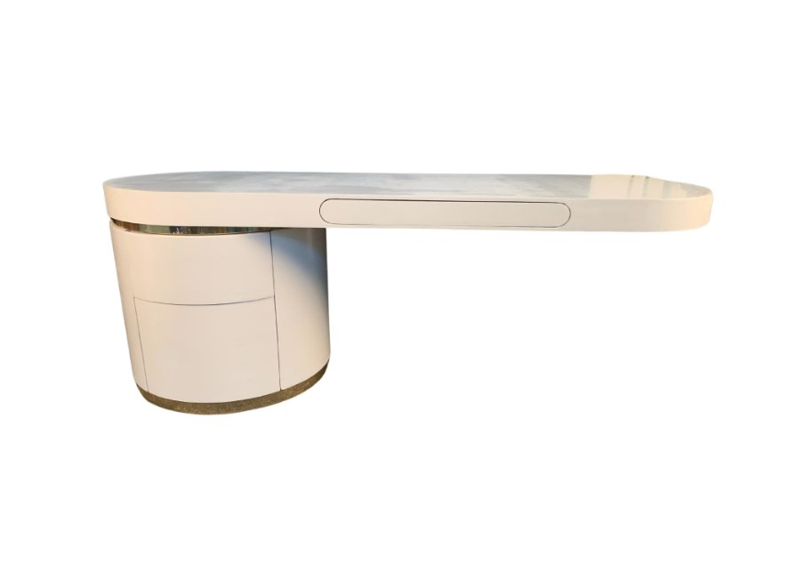 Pedestal Desk by J. Wade Beam for Brueton: This unique contemporary modern pedestal desk features stunning cantilever design with three spacious drawers for storage. Unique goatskin style finish is accented by brass colored metal trim. Simple