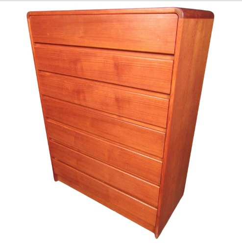 Danish Teak High Boy Dresser: Attractive Danish modern, sleek, smooth face, teak, 7 drawer tall dresser. This is a very simple yet modern 7 drawer design, the craftsmanship is quite striking. Clean mid-century look that feels just