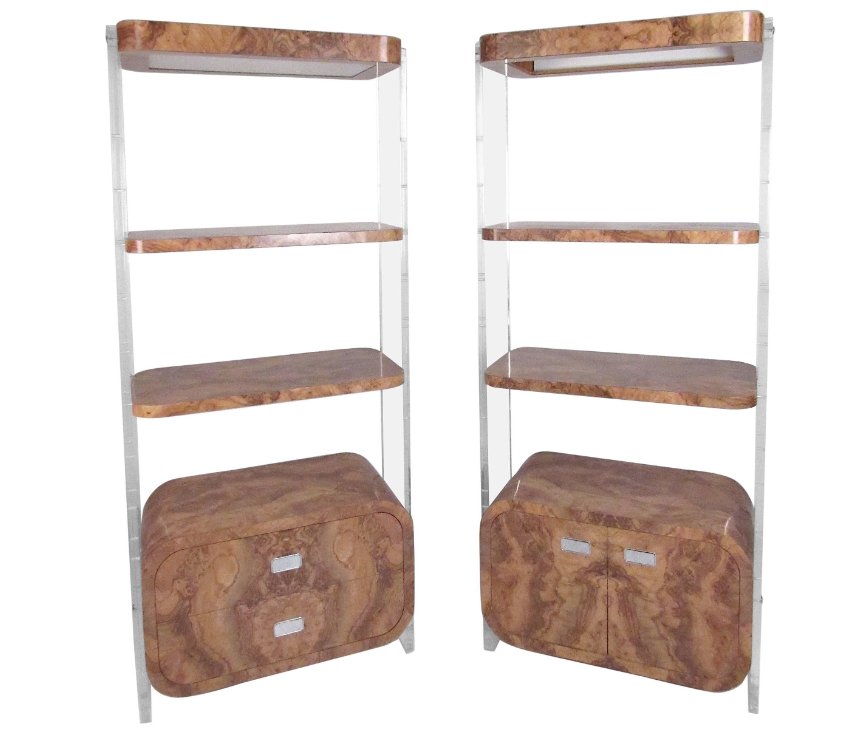 Pair Modern Burlwood & Lucite Bookcases after Milo Baughman (1 of 15)