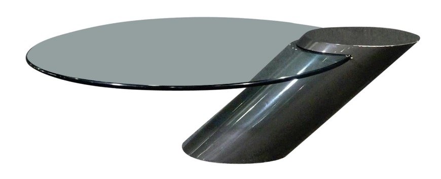 Cantilevered Glass Cocktail Table by Brueton: Oval glass set into a lacquered angled base. Designed by J. Wade Beam for Brueton. // PICKUP LOCATION: BROOKLYN, NY // DIMENSIONS: Height: 16 in (40.64 cm)Width: 49 in (124.46 cm)Depth: 34 in (86.36 c