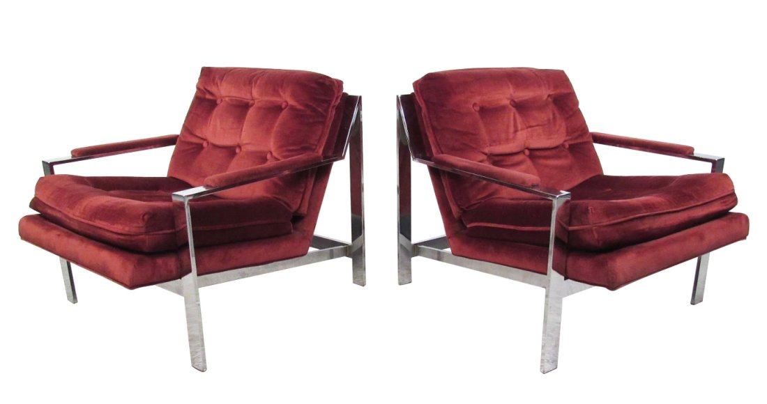 Pair Cy Mann Style Chrome Lounge Chairs: This Mid-Century Modern pair of matching chrome armchairs features the distinctive style of Cy Mann. The combination of vintage style, heavy chrome construction, padded armrests and plush tufted uphol
