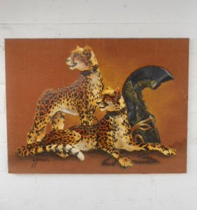 Mid-Century Modern Roman Cheetah Oil Painting on Burlap Canvas by Wyman