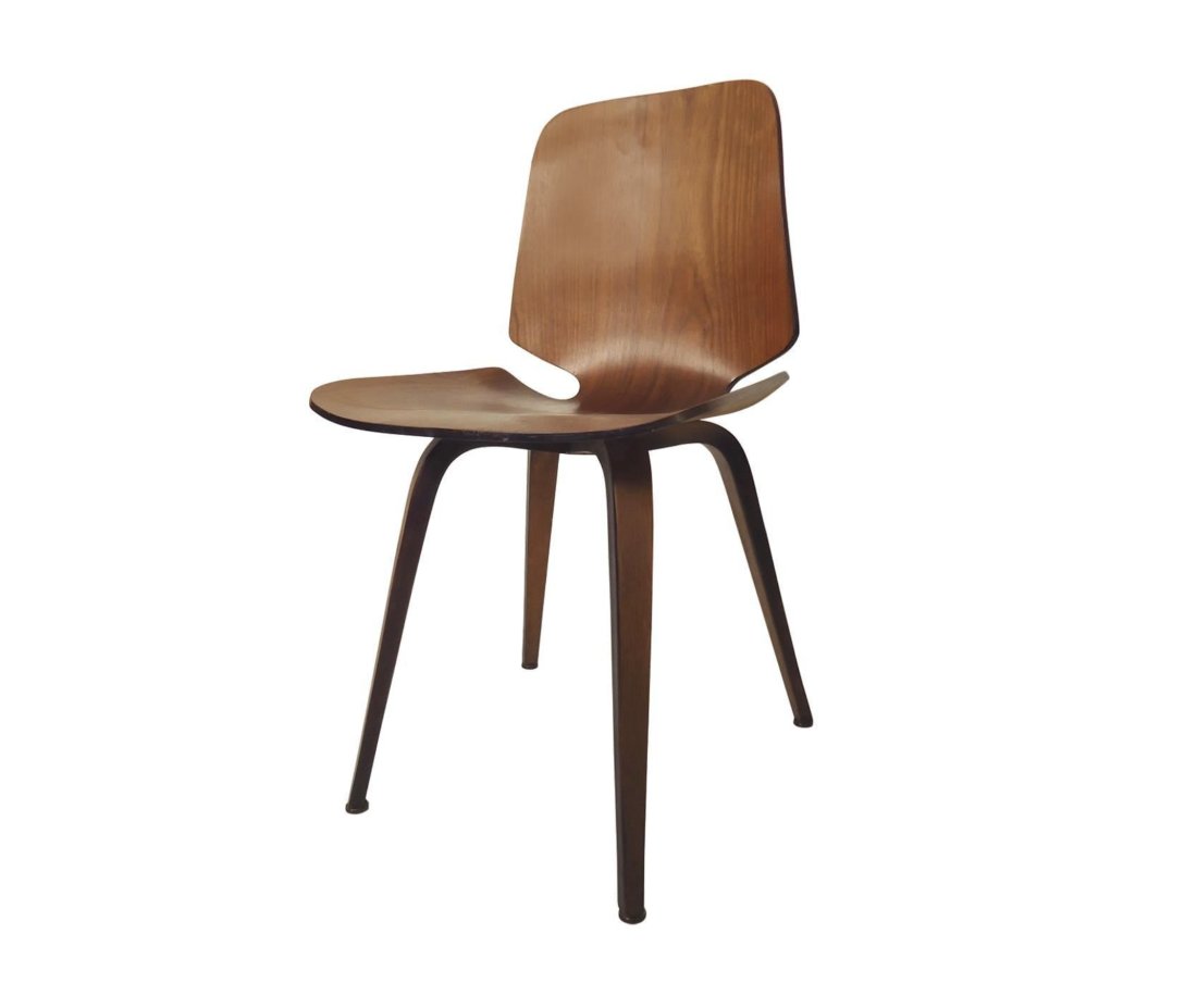 Vintage Bent Plywood Chair by George Mulhauser for Plycraft: Iconic mid-century modern bentwood side chair designed by George Mulhauser for Plycraft of Massachusetts. Both original labels still intact, revealing an original manufacture date of April 12, 1965. C