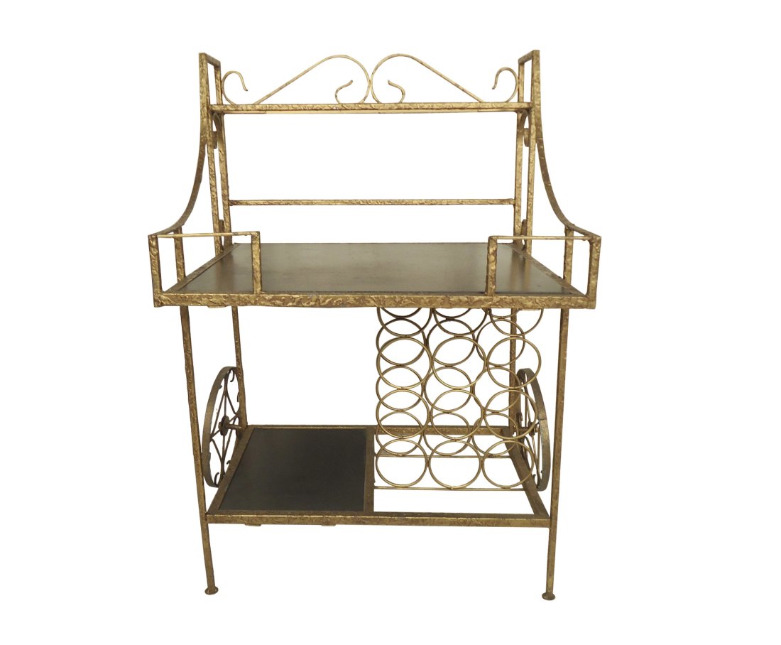 Vintage Gilded Hollywood Regency Bar Cart: Vintage brass bar cart with black shelving and wine rack // PICKUP LOCATION: Brooklyn NY // DIMENSIONS: Height: 40.5 in (102.87 cm)Width: 26.5 in (67.31 cm)Depth: 23 in (58.42 cm) // CONDITION: Wear c