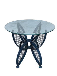 John Salterini Outdoor Table in Metal and Glass: Combining a unique metal base with a circular glass top, this John Salterini outdoor table is perfect for a patio or yard. // PICK UP LOCATION: New Jersey // Dimensions: Height: 24 in Diameter: 25 in