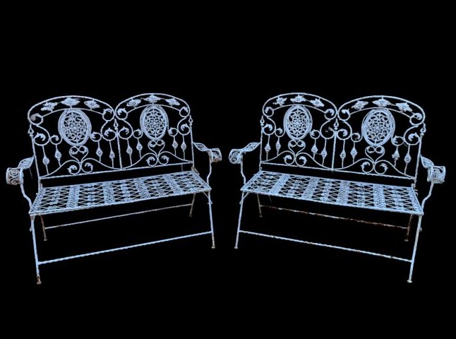 Ornate Vintage Iron Benches: Vintage outdoor iron benches with elegant curling designs. // PICK UP LOCATION: Wall, NJ // Dimensions: W45.5" x D19.5" x H38" SH 16.5" // Condition: rust and paint chips, scratches and scuffs. //