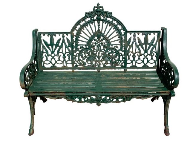 Sculpted Cast Iron Bench: This beautiful cast iron bench features sculpted arm rests, an arched backrest, and a slatted seat. A unique and comfortable design with excellent detail throughout. Splayed legs and a decorative back