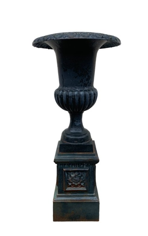 Vintage Cast Iron Urn and Base: Vintage Cast Iron Urn and Base // PICK UP LOCATION: Wall, NJ // Dimensions: Height: 51 in Dia: 22 in // Condition: Patina, rust, chips //