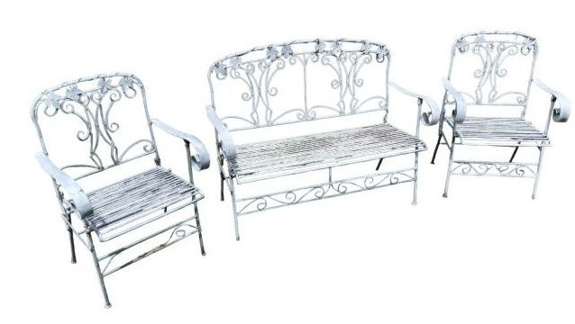 Green Vintage Outdoor Seating Set: This vintage outdoor set of patio furniture seating includes a bench and two armchairs, with elegant curling designs and floral motifs throughout the green painted frames. // PICK UP LOCATION: Wall, N