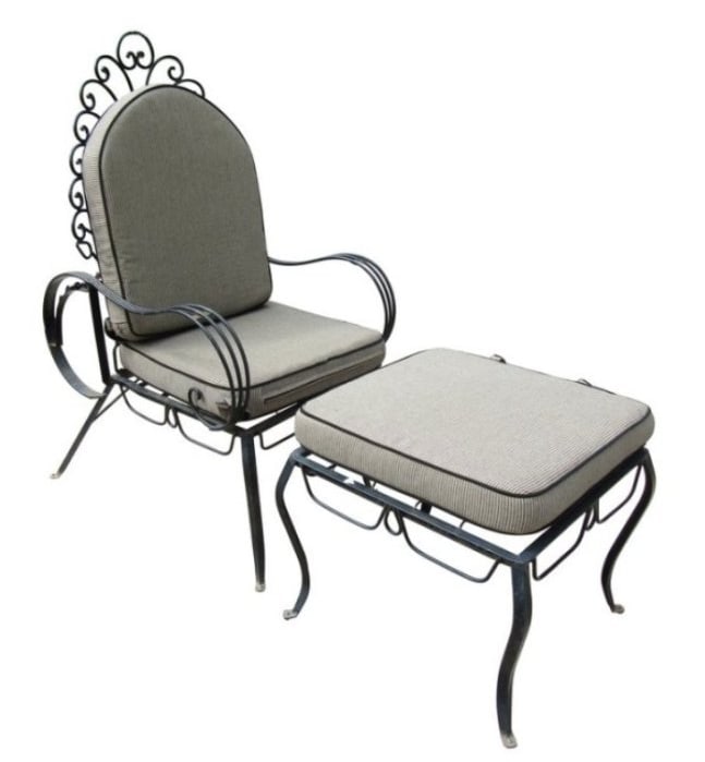 Outdoor Chair and Ottoman Set: This outdoor set of lounge chair and ottoman are a great addition to any outdoor space, with interesting curving metal forms composing its frame. // PICK UP LOCATION: New Jersey // Dimensions: Height: