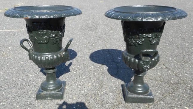 Pair of Cast Iron Urns With Decorative Handles: Beautiful pair of cast iron urns Wonderful etched detail, decorative handles, and a large opening on top make these urns the perfect addition to any setting // PICKUP LOCATION: BROOKLYN, NY // Dimensi