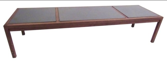 Vintage Slate Top Coffee Table by Jack Cartwright for Founders: This vintage walnut framed coffee table designed by Jack Cartwright for Founders makes a stylish addition to any seating area, offering a long and low cocktail table that works great with any modern s