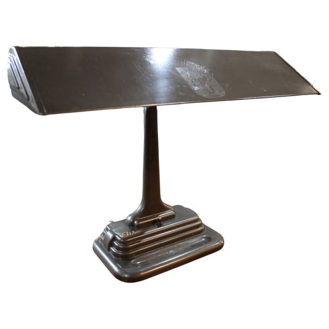 Art Deco "Elisa" Metal Desk Lamp: Handsome mid-century Art Deco desk lamp, with beautiful gold script reading "Elisa." The lamp uses a fluorescent tube light, and looks fantastic on a desk or in an office setting where flat wide lines