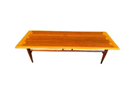 Mid-Century Modern Lane Acclaim Walnut Dovetailed Coffee Table: This Mid-Century Modern coffee table in walnut veneered plywood and solid oak was made in Altavista, VA by Lane furniture manufacturer. It has the contrasting dovetail detail on the top that identifie