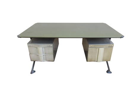 Midcentury Italian Arco Desk by BBPR for Olivetti Synthesis: This impressive vintage modern desk boasts a floating top covered in faux textured leather. A stunning Italian Industrial Design that looks amazing in any setting. The metal frame has two hefty drawer