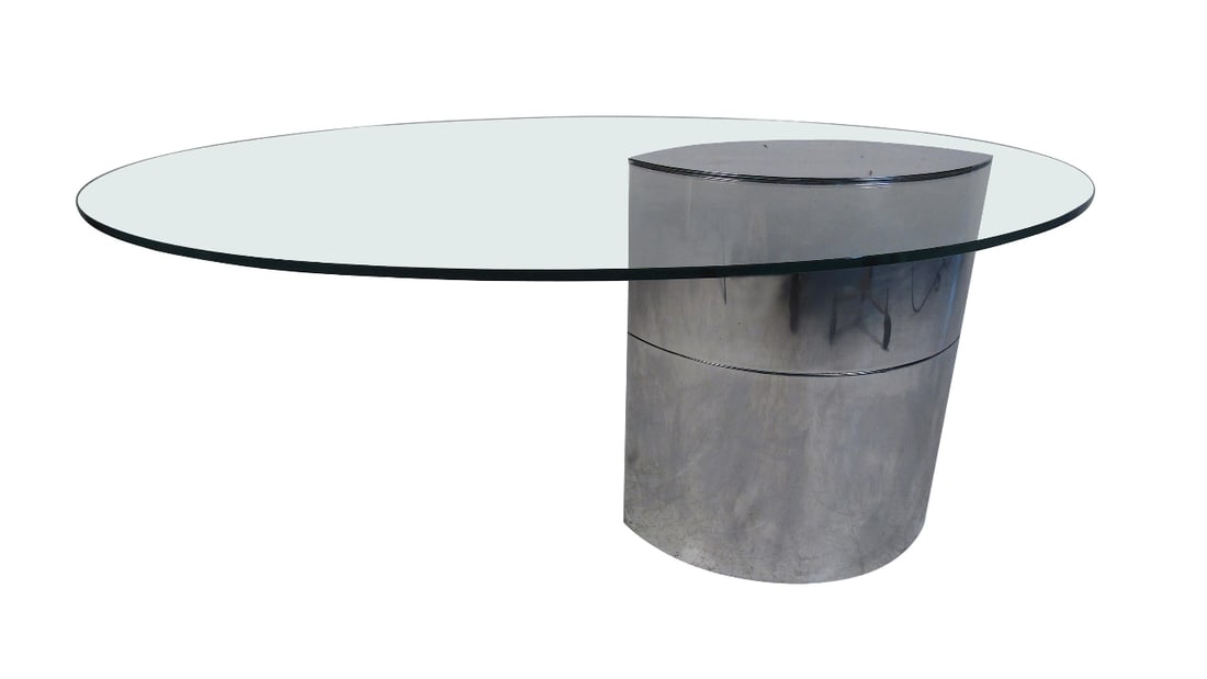 Vintage Cini Boeri for Knoll Lunario Cantilevered Table/Desk: This elegant Mid-Century Modern desk features a polished stainless steel base with a 1/2 inch thick cantilever glass top. By Cini Boeri for Knoll International. The oval glass top has, "S.T Lassfer,"
