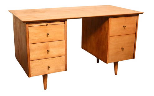 Vintage Paul McCobb Planner Group Double Pedestal Desk: Bring home the magic of post-war New England modernism with this jaw dropping writing desk designed in 1949 by Massachusetts' native Paul McCobb for manufacture by the Winchendon Furniture Company. Ma