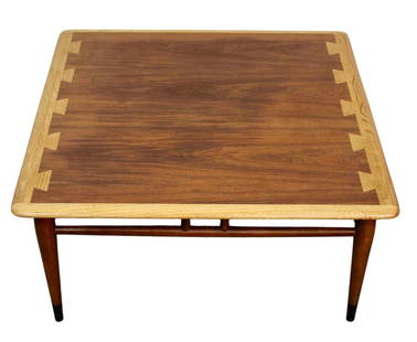 Mid-Century Lane "Acclaim" Square Coffee Table c. 1966: Bring home a piece synonymous with mid-century modern American design with Lane Furniture's iconic "Acclaim" series by Andre Bus. Featuring the highly desirable fruitwood dovetail inlays beautifully c