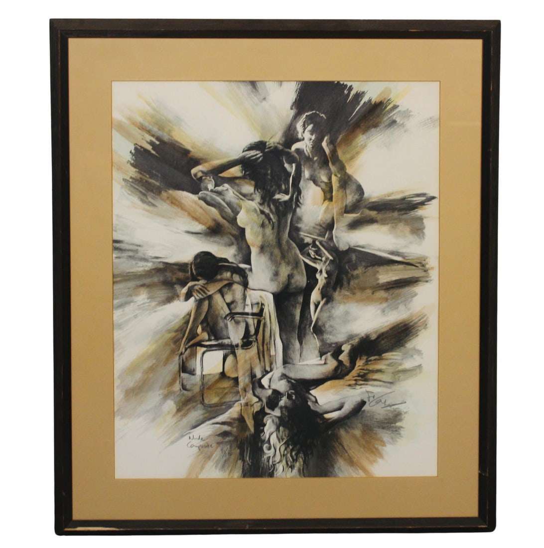 Jonas Gerard Numbered Lithograph 'Nude Composite': Numbered and titled drawing of female nudes, signed by artist Jonas Gerard. Number 81 of 290. This features five female forms in various positions, with perfect shading and detail. // PICK UP LOCATION