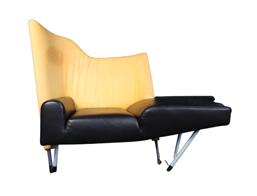 Torso Chaise Sofa by Paolo Deganello: This incredible "Torso" chaise sofa by Paolo Deganello pairs black leather with yellow upholstery in a striking design in what is sure to be a unique addition to any interior // PICK UP LOCATION: Wall