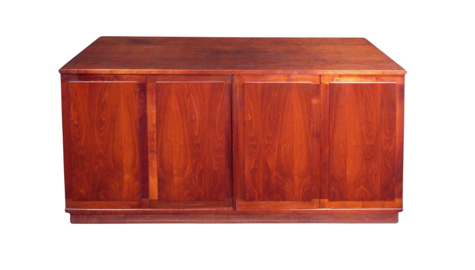 Mid-Century Jack Cartwright Designed Credenza: A sturdy vintage modern teak dresser by Jack Cartwright for Founders. Simple and stylistic with fold out doors hiding a multitude of storage options. Perfect for any home/office setting. // PICK UP LO