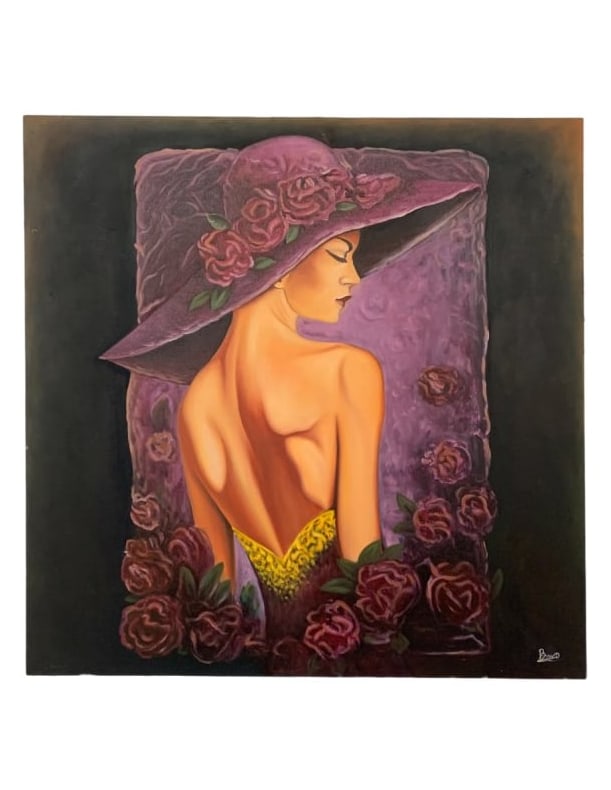 "The Rose Lady" by Fernando Beraro: Beautiful painting of a woman by artist Fernando Beraro // PICK UP LOCATION: Wall, NJ // Dimensions: 36x36 // Condition: Age appropriate wear, discoloration //