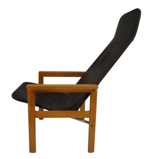 Scandinavian Modern Armchair by Botema: Teak and canvas side chair by Botema makes a stylish Scandinavian Modern addition to any interior. // PICK UP LOCATION: Brooklyn NY // Dimensions: Height: 36 in Width: 24.5 in Depth: 32 in Seat Height