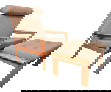 High "Borneo" Chair and Ottoman by Sven Ellekaer for Komfort: Bring home iconic Scandinavian modern design with Sven Ellekaer's beautiful "Borneo" chair designed for Komfort Furniture of Denmark. This distinguished high-back version features an integrated matchi