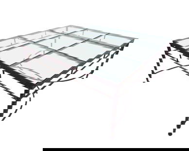Contemporary Modern Decorator Style Coffee Table: Vintage iron coffee table with nine glass panel inserts. Strong metal frame with bowed runners makes an impressive modern addition to home or business seating areas. // PICK UP LOCATION: Wall, NJ // D