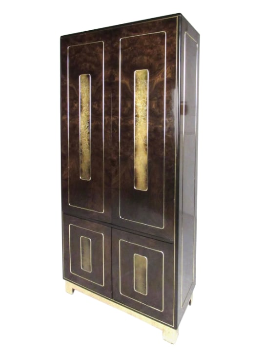 Stunning Vintage Modern Armoire Dresser by Bernhard Rohne: This stunning vintage modern dresser features quality burl walnut construction with mounted acid-etched brass trim. Spacious interior combines drawer and shelf storage space, making this a versatile a