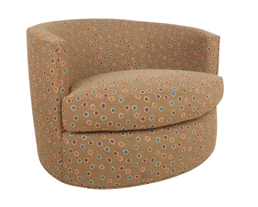 Mid-Century Modern Milo Baughman Style Barrel Back Swivel Chair: This midcentury style chair features comfortable barrel back design and swivel base. // PICK UP LOCATION: Wall, NJ // Dimensions: Height: 26.5 in (67.31 cm)Width: 35 in (88.9 cm)Depth: 33 in (83.82 cm