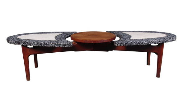 Marble and Walnut Coffee Table in the Style of Adrian Pearsall: A striking and unique coffee table combining rich woodgrain with different shades of marble, styled after Adrian Pearsall // PICK UP LOCATION: Wall, NJ // Dimensions: Height: 15 in (38.1 cm)Width: 59.
