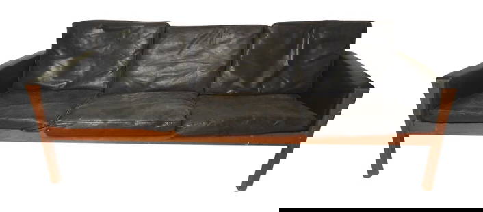 Hans Wegner AP 62 Long Sofa: Black leather Danish sofa by Hans Wegner with teak wood frame. Simple Mid-Century Modern lines with comfortable cushioned seating. // Pickup location: Brooklyn, NY // Dimensions: Height: 27 in (68.58