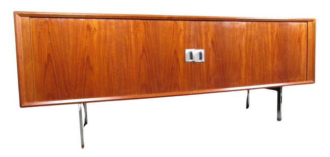 Hans Wegner President Sideboard for Ry Møbler: Mid-Century Modern Danish Credenza by Hans Wegner. Stunning credenza with tambour doors which reveal a spacious interior storage area. Inside includes modular shelving capabilities as well as three sm