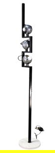 Angelo Lelli Designed Italian Lamp: Mid-century modern three light floor lamp for Arredoluce, designed by Angelo Lelli in Italy.With three round chromed and adjustable shades, on black enameled steel stem, with circular white marble bas