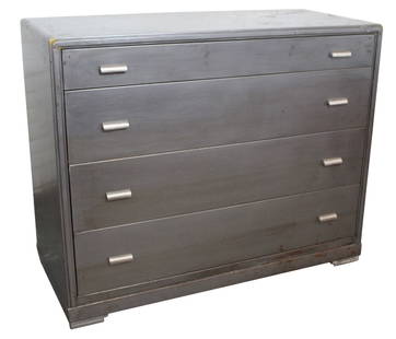 Vintage Art Deco Industrial Metal Dresser by Simmons Furniture: Take advantage of the genuine craftsmanship of America's industrial age with this robust steel dresser manufactured by the Simmons Furniture Company of Chicago. This sturdy and squat case piece featur
